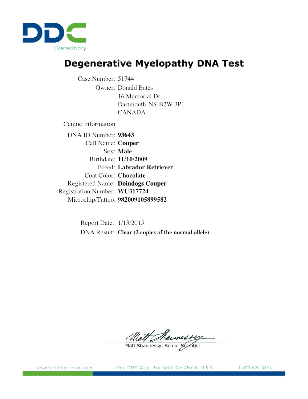 Couper's Degenerative Myelopathy DNA Test