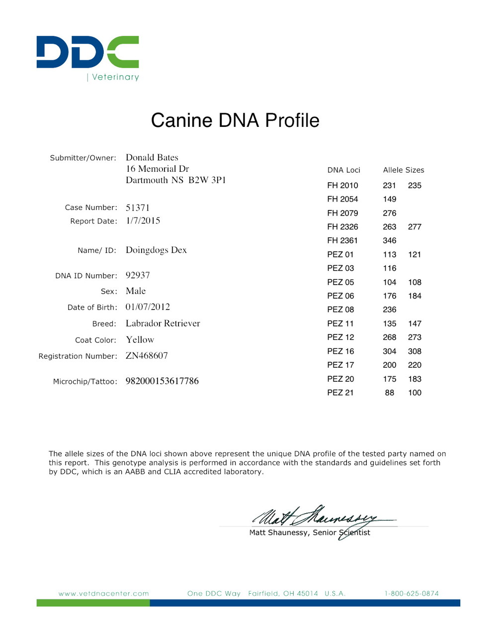 Dex's Canine DNA Profile