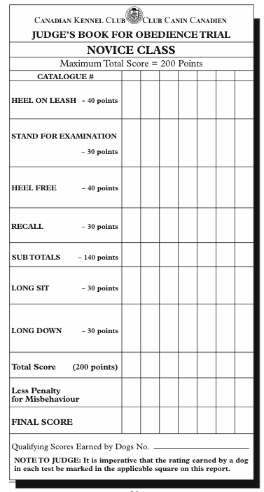 Novice Class Obedience Trial Sample Judging Chart