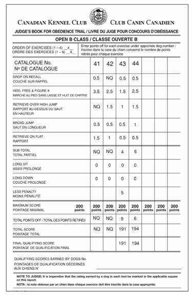 Open B Class Obedience Trial Sample Judging Chart