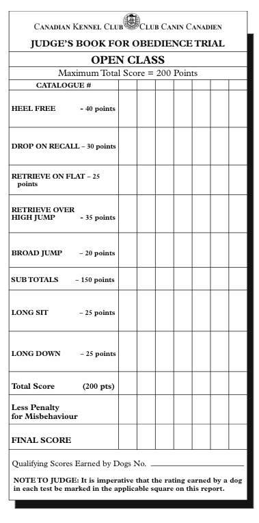 Open Class Obedience Trial Sample Judging Chart