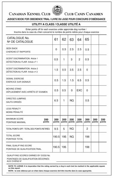 Utility A Class Obedience Trial Sample Judging Chart