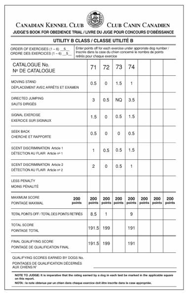 Utility B Class Obedience Trial Sample Judging Chart