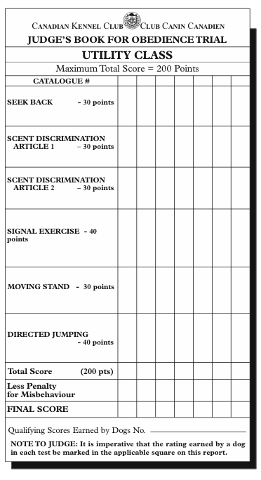 Utility Class Obedience Trial Sample Judging Chart